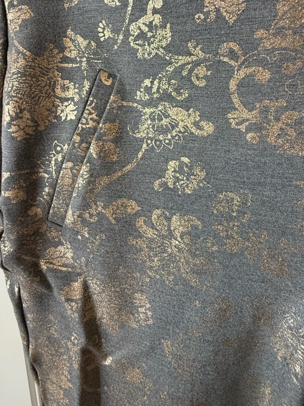 Chico's Gray pants with Gold Metallic Scroll Pattern - Picture 2 of 10